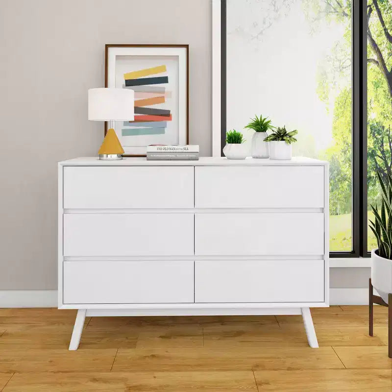 Comò moderno in legno massello a 6 cassetti con guide in metallo e kit antiribaltamento, larghezza 132 cm