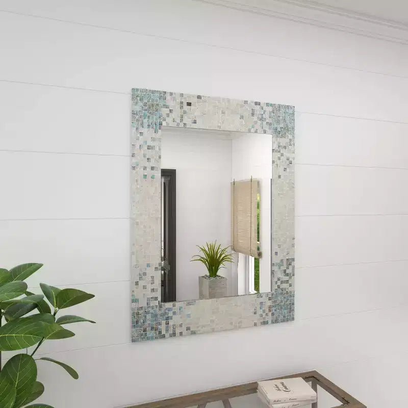 Specchio da Parete a Mosaico Artigianale in Madreperla con Angoli Blu, 61x91 cm, Crema