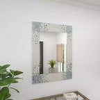 Specchio da Parete a Mosaico Artigianale in Madreperla con Angoli Blu, 61x91 cm, Crema