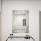 Specchio da Parete a Mosaico Artigianale in Madreperla con Angoli Blu, 61x91 cm, Crema
