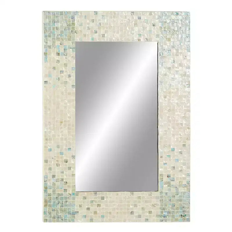 Specchio da Parete a Mosaico Artigianale in Madreperla con Angoli Blu, 61x91 cm, Crema