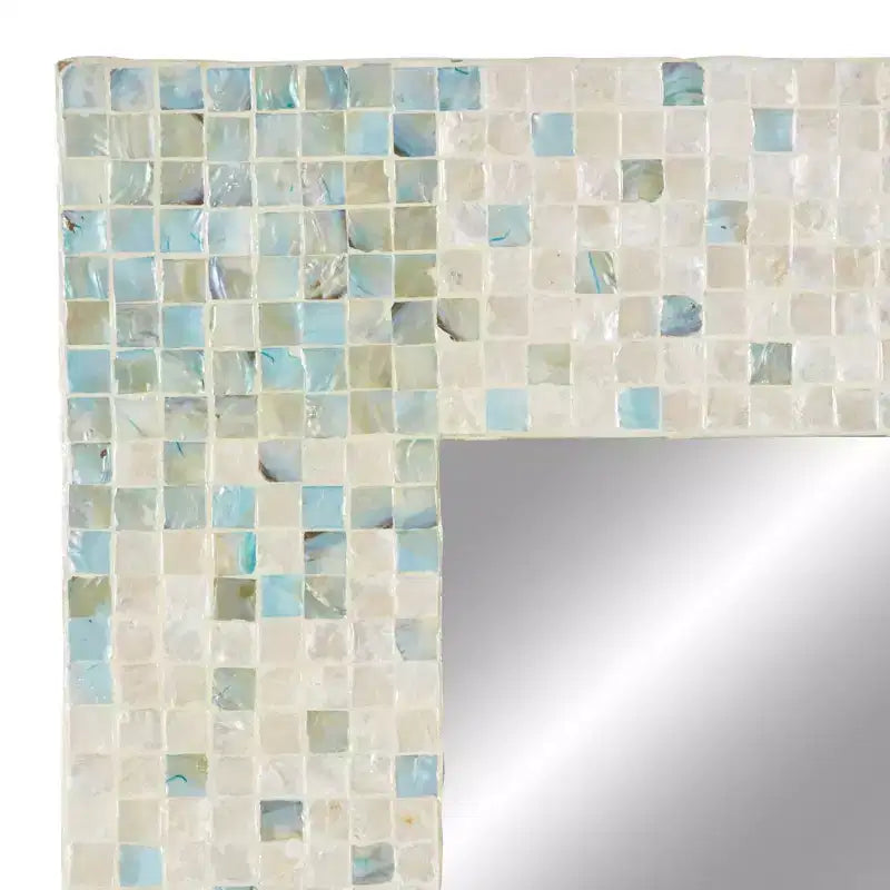Specchio da Parete a Mosaico Artigianale in Madreperla con Angoli Blu, 61x91 cm, Crema