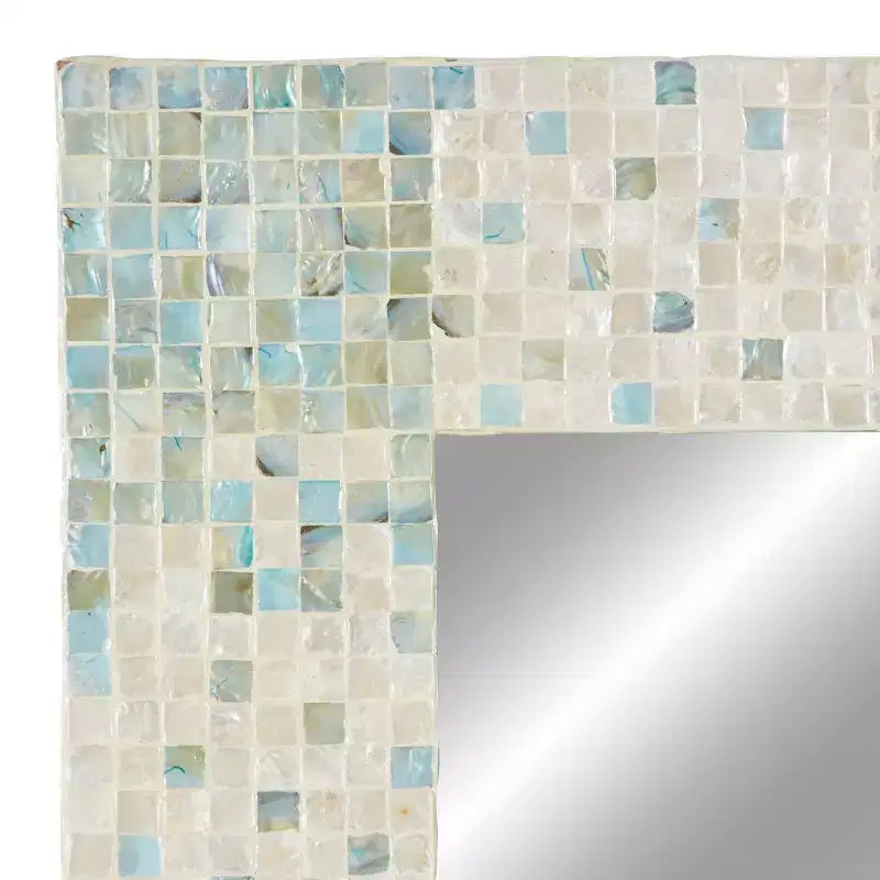 Specchio da Parete a Mosaico Artigianale in Madreperla con Angoli Blu, 61x91 cm, Crema