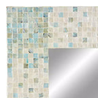 Specchio da Parete a Mosaico Artigianale in Madreperla con Angoli Blu, 61x91 cm, Crema