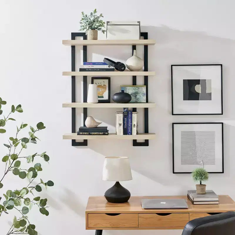 Mensola a muro a 4 ripiani galleggiante, altezza 91 cm, ferro e MDF, portata fino a 13,6 kg