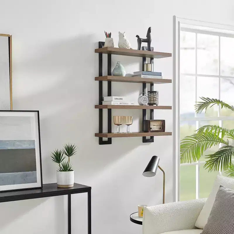 Mensola a muro a 4 ripiani galleggiante, altezza 91 cm, ferro e MDF, portata fino a 13,6 kg