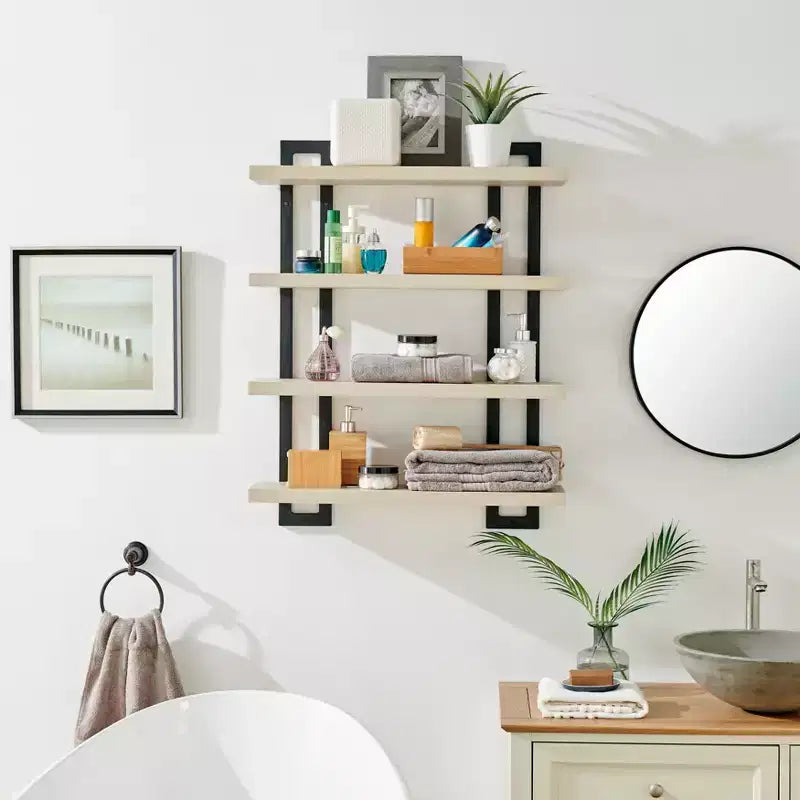 Mensola a muro a 4 ripiani galleggiante, altezza 91 cm, ferro e MDF, portata fino a 13,6 kg