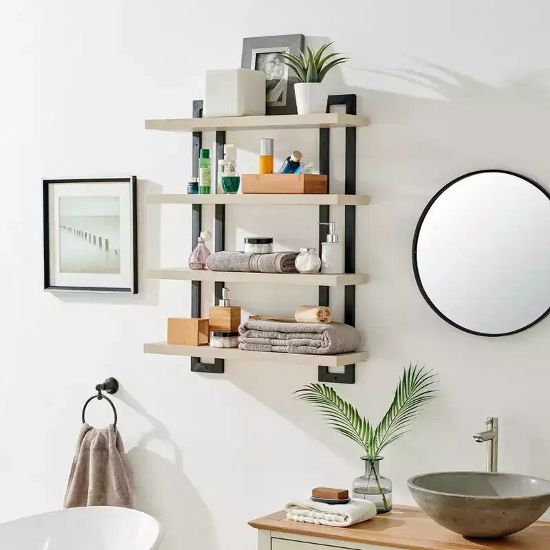 Mensola a muro a 4 ripiani galleggiante, altezza 91 cm, ferro e MDF, portata fino a 13,6 kg