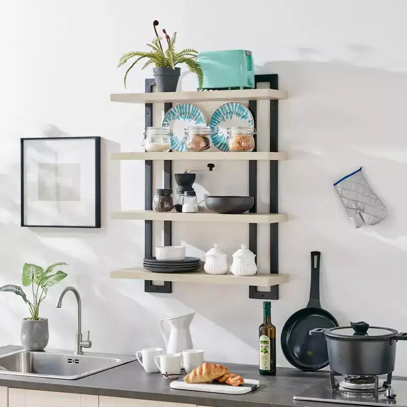 Mensola a muro a 4 ripiani galleggiante, altezza 91 cm, ferro e MDF, portata fino a 13,6 kg
