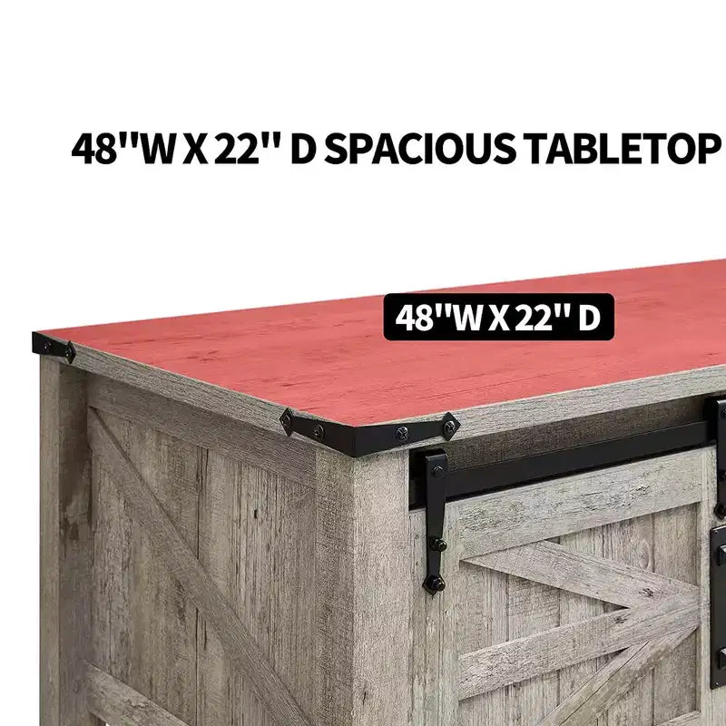 Tavolino da Salotto Rustico da 122 cm con Ante Scorrevoli a Stalla e Ripiani Nascosti, Capacità 159 kg