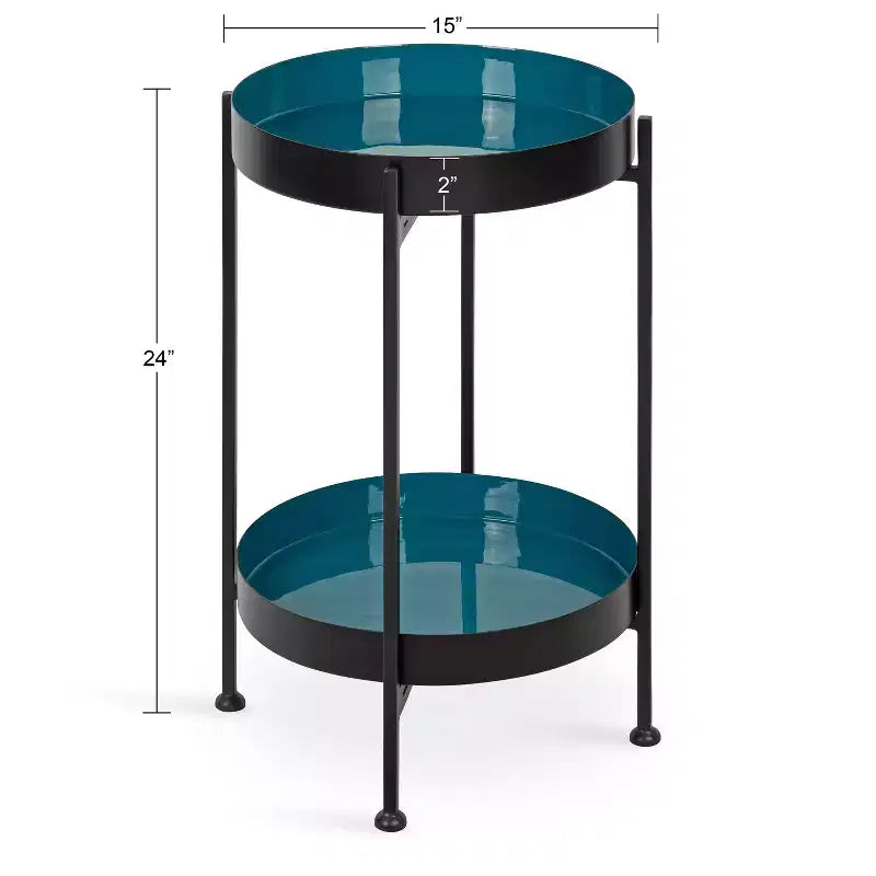 Tavolino laterale in metallo a 2 ripiani con vassoi in smalto rimovibili, design a scomparsa, diametro 38 cm, altezza 61 cm, nero