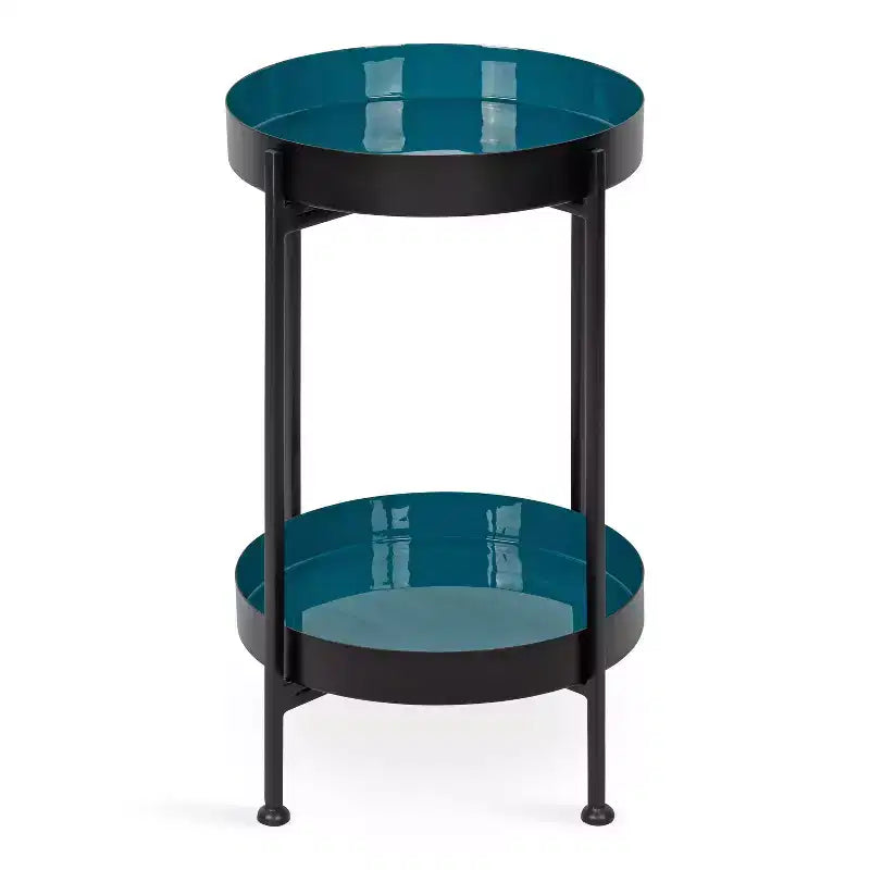 Tavolino laterale in metallo a 2 ripiani con vassoi in smalto rimovibili, design a scomparsa, diametro 38 cm, altezza 61 cm, nero