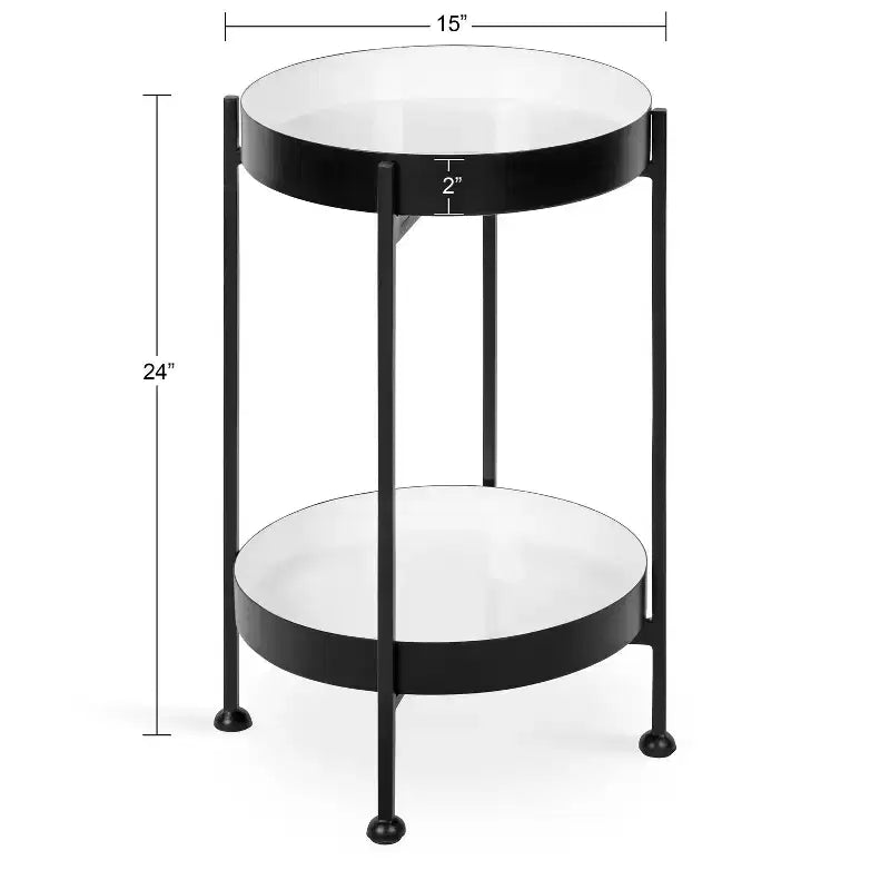 Tavolino laterale in metallo a 2 ripiani con vassoi in smalto rimovibili, design a scomparsa, diametro 38 cm, altezza 61 cm, nero