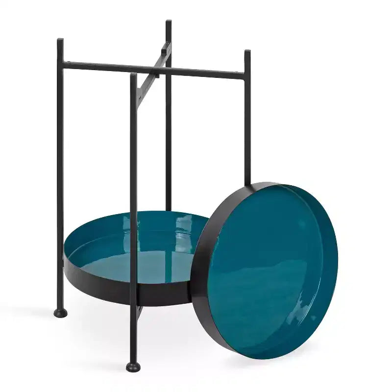 Tavolino laterale in metallo a 2 ripiani con vassoi in smalto rimovibili, design a scomparsa, diametro 38 cm, altezza 61 cm, nero