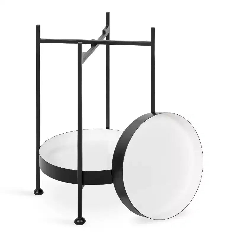 Tavolino laterale in metallo a 2 ripiani con vassoi in smalto rimovibili, design a scomparsa, diametro 38 cm, altezza 61 cm, nero