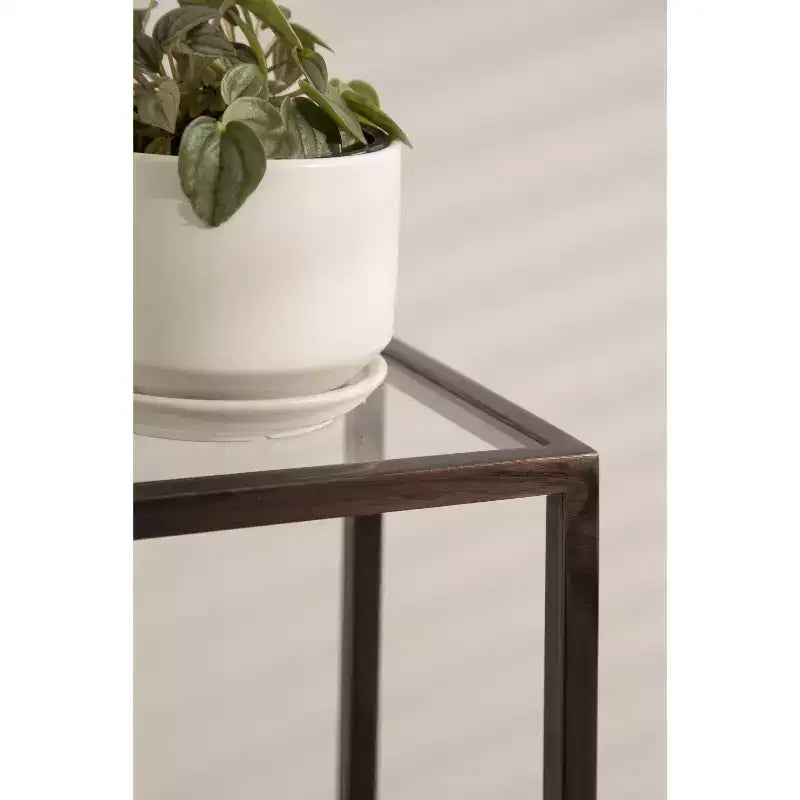 Tavolino da bibite in metallo dorato squadrato con piano in vetro e piedini in gomma, 17,8x17,8x53,3 cm, compatto