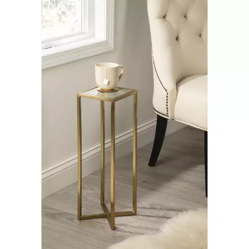 Tavolino da bibite in metallo dorato squadrato con piano in vetro e piedini in gomma, 17,8x17,8x53,3 cm, compatto