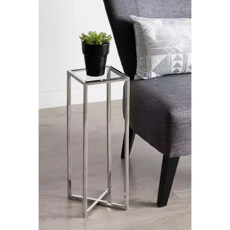Tavolino da bibite in metallo dorato squadrato con piano in vetro e piedini in gomma, 17,8x17,8x53,3 cm, compatto