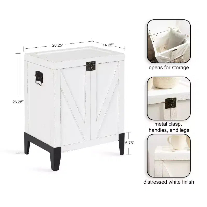 Tavolino Contenitore Rettangolare in Legno con Design a Porta di Fienile, Bianco Anticato, 53x68x38 cm