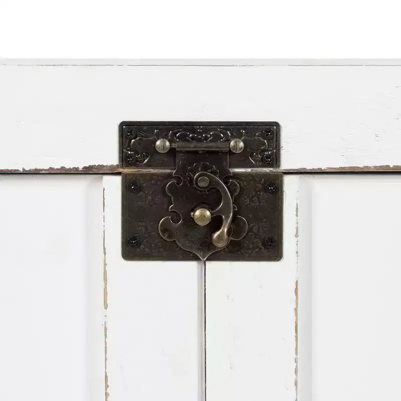 Tavolino Contenitore Rettangolare in Legno con Design a Porta di Fienile, Bianco Anticato, 53x68x38 cm