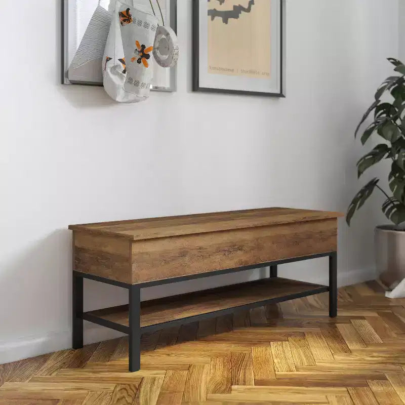 Panca portaoggetti da ingresso in stile rustico da 119 cm con parte superiore sollevabile, ripiano inferiore e gambe in metallo, capacità di 136 kg