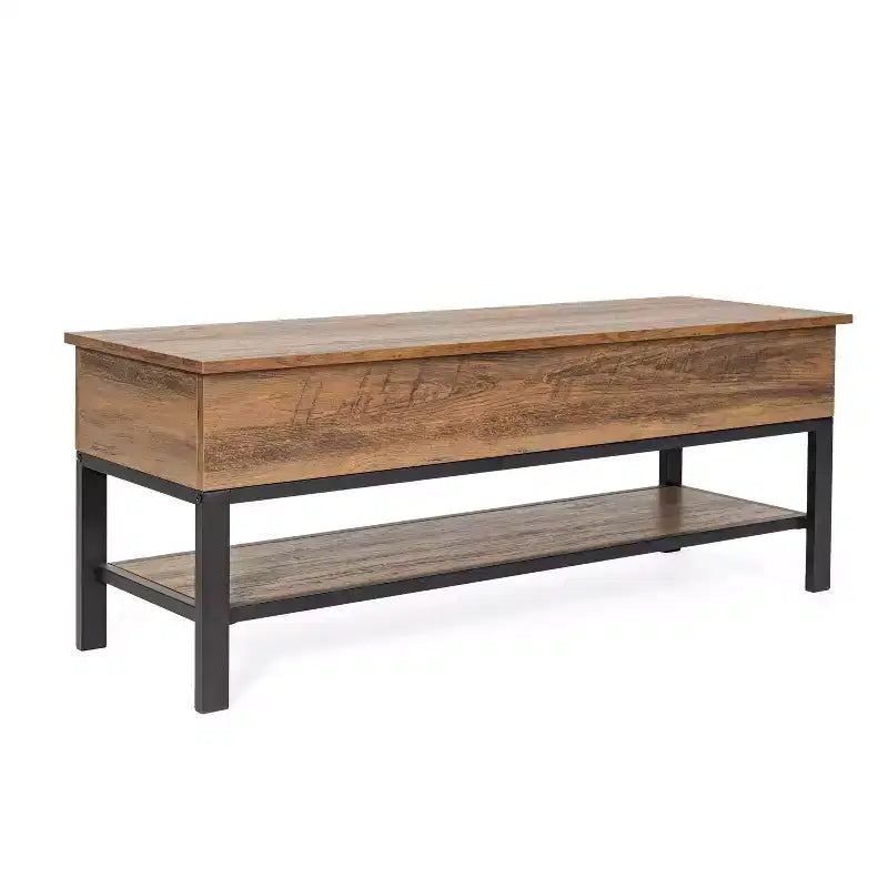 Panca portaoggetti da ingresso in stile rustico da 119 cm con parte superiore sollevabile, ripiano inferiore e gambe in metallo, capacità di 136 kg