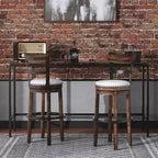 Sgabello da bar alto imbottito girevole con schienale basso curvo e gambe in legno, altezza seduta 76,8 cm, rustico