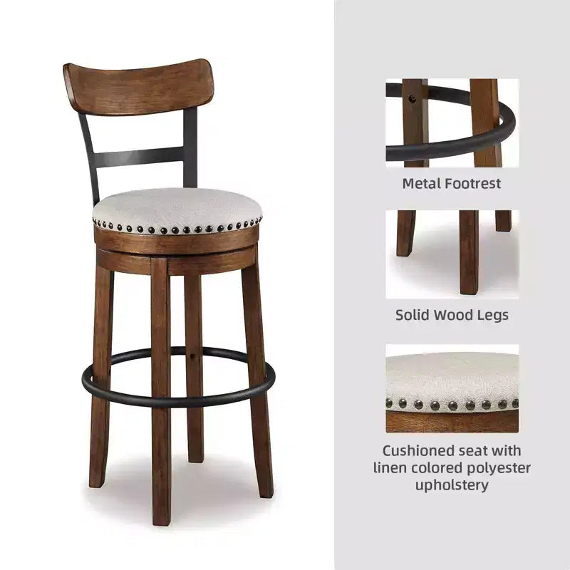 Sgabello da bar alto imbottito girevole con schienale basso curvo e gambe in legno, altezza seduta 76,8 cm, rustico