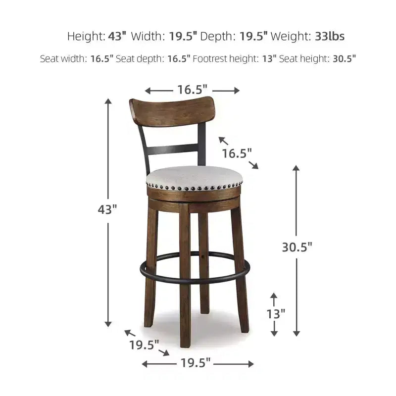 Sgabello da bar alto imbottito girevole con schienale basso curvo e gambe in legno, altezza seduta 76,8 cm, rustico