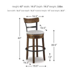 Sgabello da bar alto imbottito girevole con schienale basso curvo e gambe in legno, altezza seduta 76,8 cm, rustico