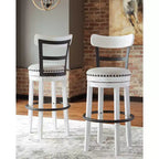 Sgabello da bar alto imbottito girevole con schienale basso curvo e gambe in legno, altezza seduta 76,8 cm, rustico