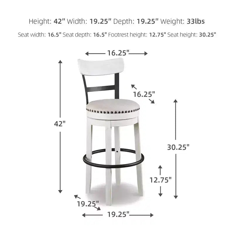 Sgabello da bar alto imbottito girevole con schienale basso curvo e gambe in legno, altezza seduta 76,8 cm, rustico