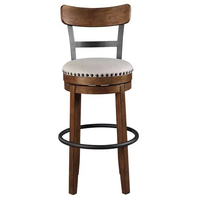 Sgabello da bar alto imbottito girevole con schienale basso curvo e gambe in legno, altezza seduta 76,8 cm, rustico