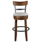 Sgabello da bar alto imbottito girevole con schienale basso curvo e gambe in legno, altezza seduta 76,8 cm, rustico
