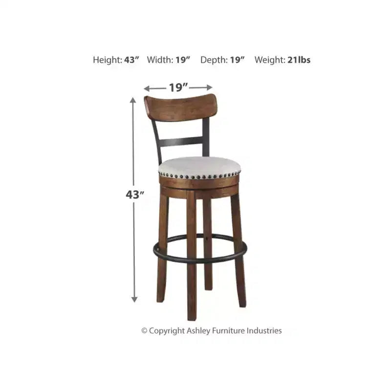 Sgabello da bar alto imbottito girevole con schienale basso curvo e gambe in legno, altezza seduta 76,8 cm, rustico