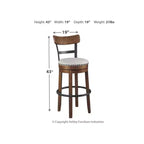 Sgabello da bar alto imbottito girevole con schienale basso curvo e gambe in legno, altezza seduta 76,8 cm, rustico