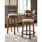 Sgabello da bar alto imbottito girevole con schienale basso curvo e gambe in legno, altezza seduta 76,8 cm, rustico