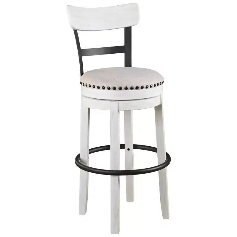 Sgabello da bar alto imbottito girevole con schienale basso curvo e gambe in legno, altezza seduta 76,8 cm, rustico
